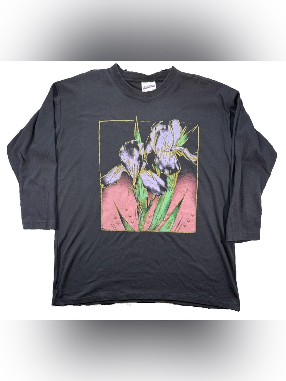 Vintage 90s Iris Flower T Shirt Women's Petite Medium Black Glitter Nature
